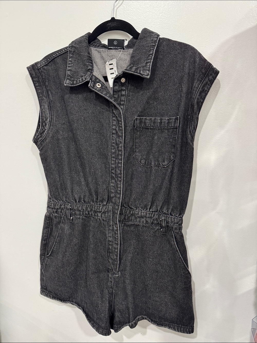Sleeveless Washed Black Denim Utility Romper